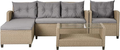 4 Piece Outdoor Patio Furniture Set, Sectional Conversation All-Weather Grey PE Wicker w/Seat Cushions for Backyard Porch Garden Poolside Balcony, Onesize, Ob-Gray