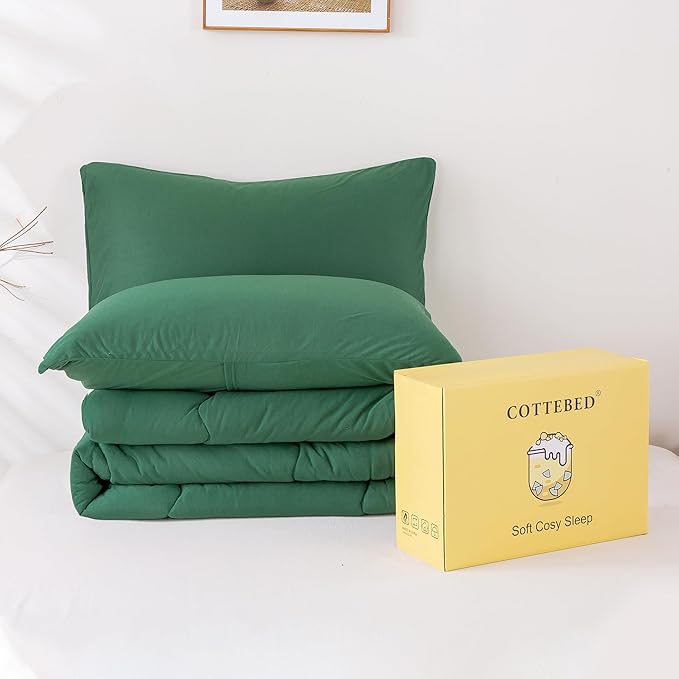 COTTEBED Forest Green Comforter Queen Size, Jersey Knit Cotton T-Shirt Feel Ultra-Soft Cute Cozy Lightweight Bedding Blanket Quilt Down Set & Pillowcase All Season Use Emerald Hunter Green,Full/Queen