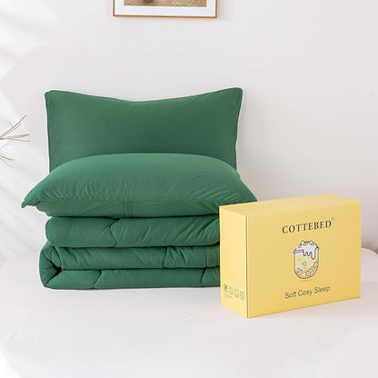 COTTEBED Forest Green Comforter Queen Size, Jersey Knit Cotton T-Shirt Feel Ultra-Soft Cute Cozy Lightweight Bedding Blanket Quilt Down Set & Pillowcase All Season Use Emerald Hunter Green,Full/Queen