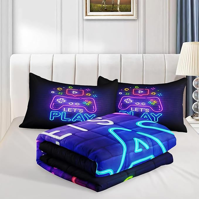 Gamer Comforter Sets Queen,Purple Gaming Bedding Sets for Boys,Gaming Comforter Set,Queen Size Bedding Sets for Boys,Bed in A Bag with Sheets(Queen,Purple Color)