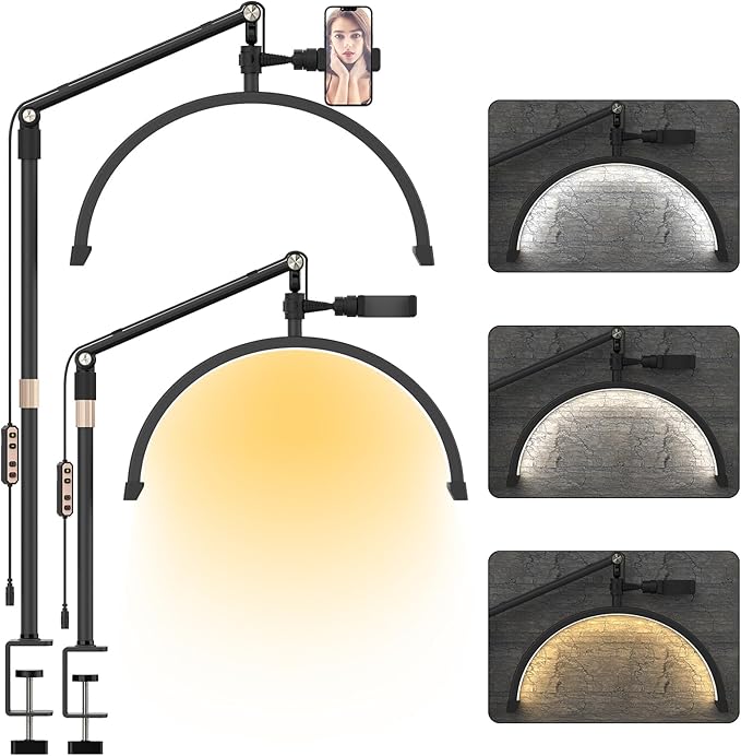 Half Moon Light for Lashes, 22Inch LED Nail Desk Lamp, Lash Light for Eyelash Tech, Esthetician, Office, Beauty, Skincare, Tattoo, Facial, Filming with Remote Control Black