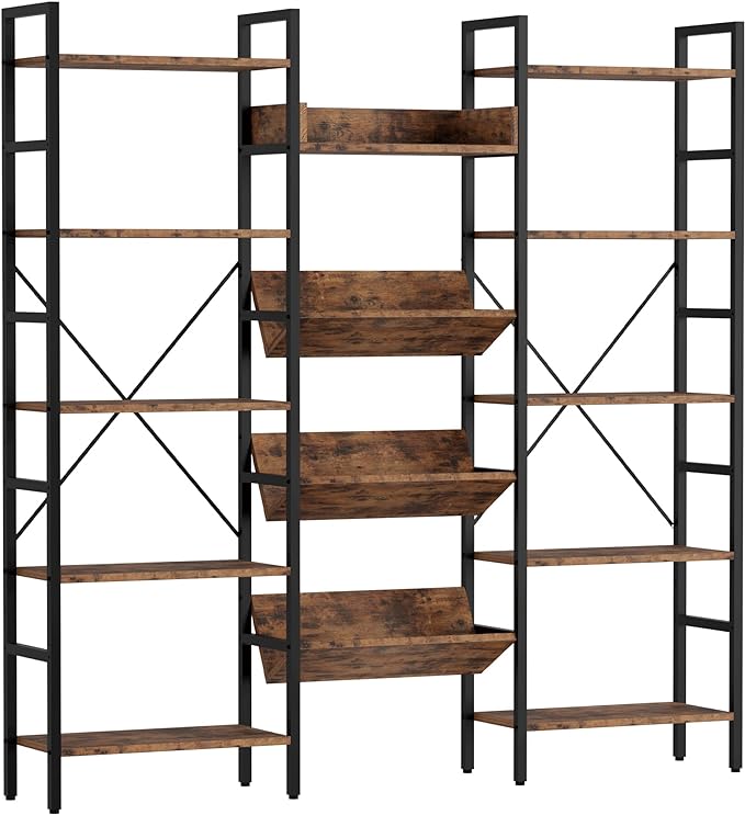 IRONCK Bookcases and Bookshelves Triple Wide 5 Tiers Industrial Bookshelf, Large Etagere Bookshelf Open Record Player Shelves with Metal Frame for Living Room Home Office