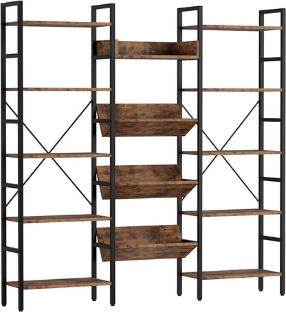 IRONCK Bookcases and Bookshelves Triple Wide 5 Tiers Industrial Bookshelf, Large Etagere Bookshelf Open Record Player Shelves with Metal Frame for Living Room Home Office