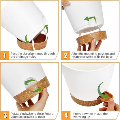 Planters for Indoor Plants 7/6.5/6/5.5/5 Inch, Self Watering Planters with Drainage Holes and Saucers 5 Pack Plastic Pots for Plants, Succulents, Herbs, Cactus, Flower Pots, White