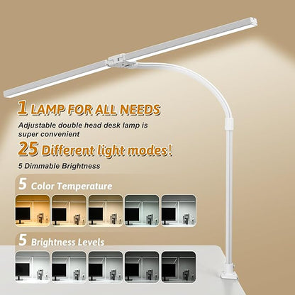 Double Head LED Desk Lamp with Anti-Glare Cover Computer Desk Lamp for Home Office 24W Brightest Desk Light Office Lamp for Workbench Drafting Architect with Clamp and Base