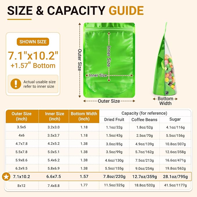 ANZNKU 100PCS Mylar Bags Resealable Large Smell Proof Bags(Green, 7.1x10.2) | Stand Up Foil Pouches Clear Window, Sealable Bags for Small Business Packaging Snack Party Favors Candy Treats Food Storage