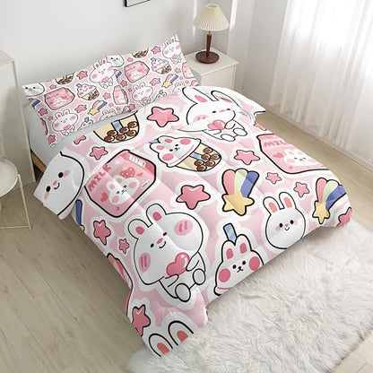 CVHOUSE Kawaii Bedding Queen Size,Kawaii Rabbit Bedding Set for Girls Kids,Cute Rabbit Comforter Set Kawaii Rabbit Duvet Set Rabbit Pattren Quilt Set Girls Room Decor 3 Pieces
