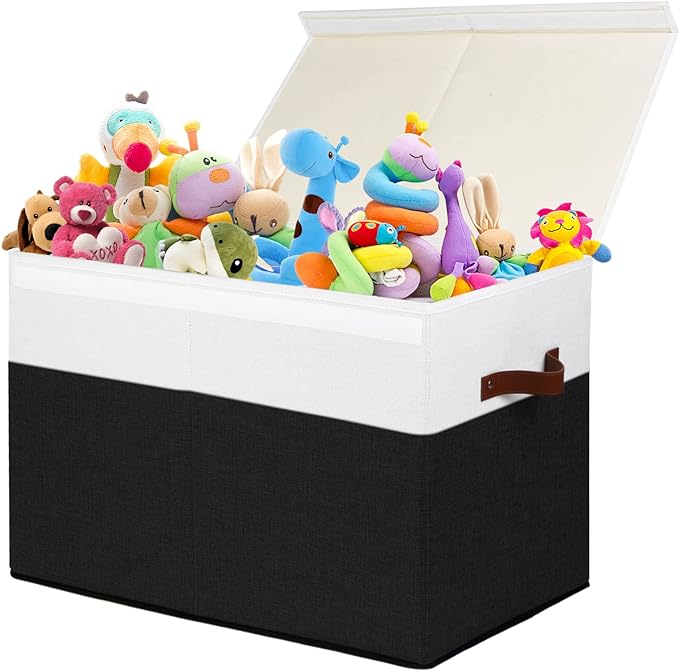 Large Toy Storage Box with Lid, Sturdy Toys Storage Chest Bin Organizer Basket with Dividers for Kids, Boys, Girls, Nursery, Closet, Bedroom, Playroom 25"x13" x16" (Black and White)