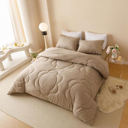 Champagne Flower Comforter King Champagne Sunflower Print Bed King Comforter Set 3 Pieces Champagne Floral Comforter Set for Women Girls Bedroom Decor All Season Hotel Quality Comforter Set