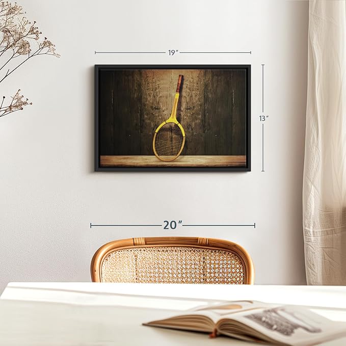 ElephantStock Vintage Tennis Racket Wall Art - Horizontal Framed Canvas - 1-Piece Living Room Wall Decor - Photography Sports Canvas Print - Brown and Black Decor for Wall - 19" X 13"