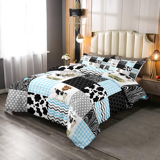 Erosebridal Kawaii Cow Print Comforter Set - Full Size, Blue Black Grey, 3 Pieces