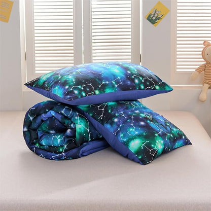 Holawakaka Tie Dye Constellation Print Ombre Comforter Set Queen Size Girls Boys Gradient Galaxy Bedding Set (Black Green,Queen)