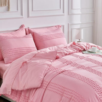 ENJOHOS Girls Queen Comforter Bedding Set Pink, 3 PCS Boho Comforter with Tufted Dots, Shabby Chic Bedding Comforter for All Season, Lightweight Fluffy Microfiber Comforter with 2 Pillowcases