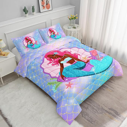 Datura home Bedding Comforter Set Black Girl Magic Mermaid Printed Pattern Quilt with 1 and 2 Pillowcases for Girls Bedroom All Season(Black Blue Queen) Queen 90x90inches