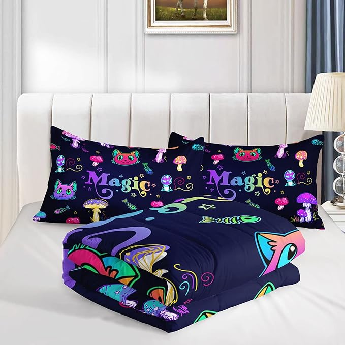 Datura home Mushroom Cat Kids Comforter Bedding Set for Boys Girls, Cartoon Mixed Color Mushroom and Cute Cat Fishbone Pattern Comforter with 2 Pillowcases(Mushroom Cat Full)