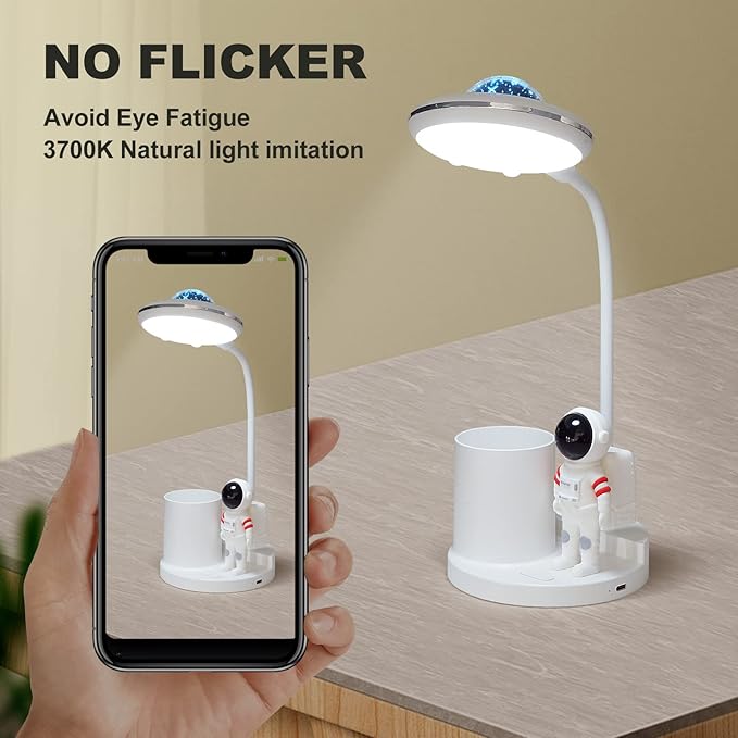 LED Desk Lamp for Kids, Astronaut cute Small Desk Lamp with USB Charging Port, Pen Holder, projection night lights for kids, White desk Lamp, Eye-Caring Study Table Lamp for boys Bedroom