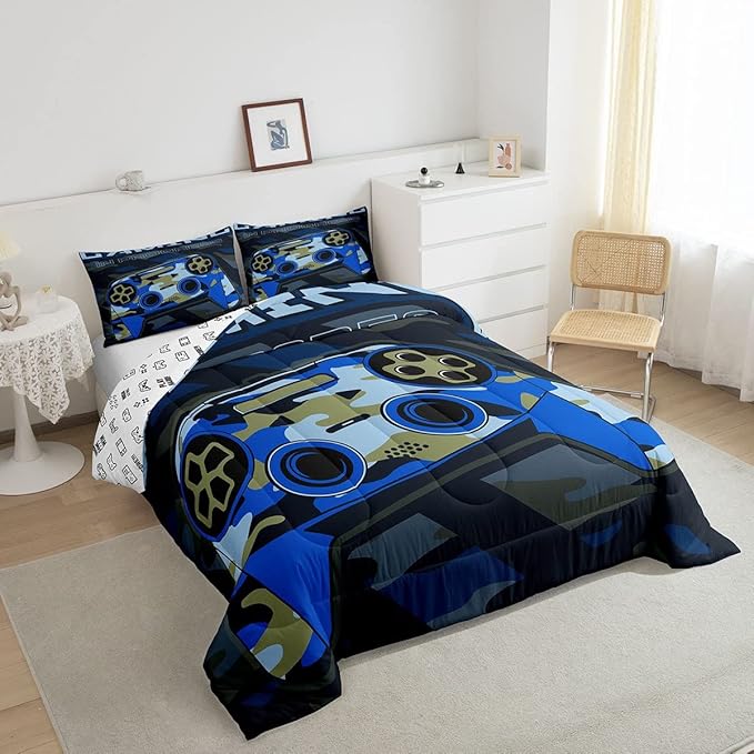 Boys Gamepad Comforter Set Full Size Teens Gamer Bedding Set Retro Blue Camouflage Video Game Controller Comforter for Kids Youth Bedroom Decor Gamer Console Action Buttons Duvet Set Microfiber