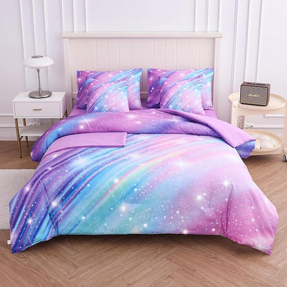 Twin Comforter Set for Girls Galaxy Bedding 7pieces, Ombre Bedding Comforter Sets Rainbow Comforter, Glitter Bedding Twin Teen Comforter Sets for Girls (Twill Rainbow)