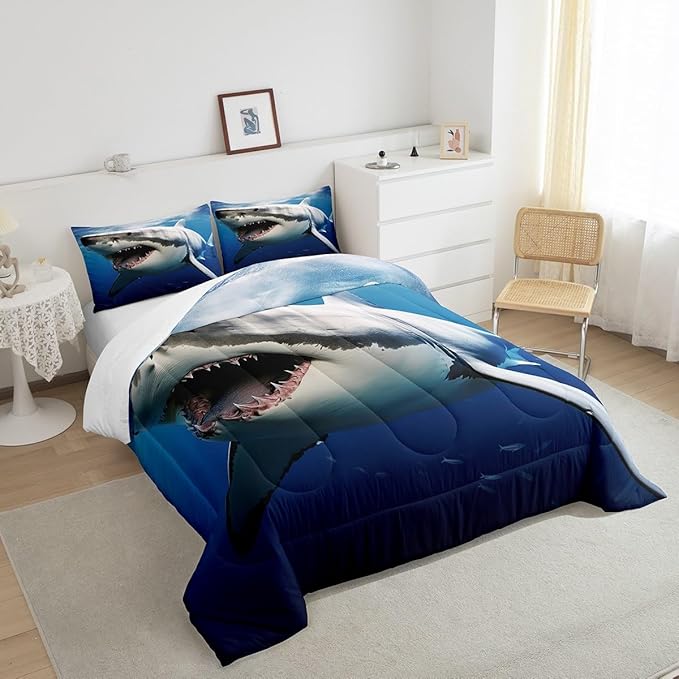 Kids Comforter Set for Boys Girls,3D Shark Fish Down Comforter 3 Piece Hawaiian Beach Theme Bedding Quilted Duvet Set Ocean Sea Animal Pattern Blue Duvet Insert for Toddler Teen Bedroom Decor,Queen