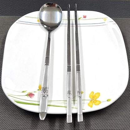GARASANI Korean Traditional Cutlery Stainless Steel Spoons and Chopsticks Set (Silver Turtle)