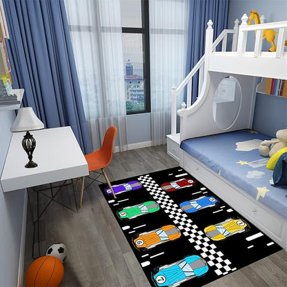 Race Car Rug Kids Play Area Rugs Race Car Track Rug Kids Rug with Roads and Tracks Car Track Carpet Car Rug for Boys Room Race Car Room Decor for Boys,Black 4'5''×6'