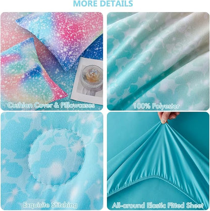PERFEMET Rainbow Queen Girls Bedding Set, 6 Pieces Glitter Pink Green Comforter for Queen Size Bed, Colorful Tie Dye Ombre Teen Girls Bed in A Bag Comforter Set with Sheets