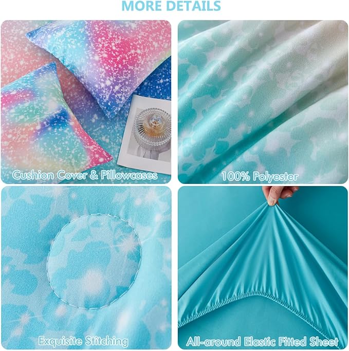 PERFEMET Full Size Comforter Sets for Kids Girls 6 Pieces Pink Green Ombre Rainbow Bedding Set Colorful Tie Dye Glitter Teen Girls Bed in A Bag