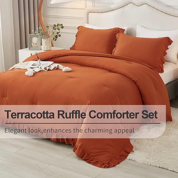 Andency Terracotta Ruffle Comforter Queen(90x90Inch), 3 Pieces(1 Ruffled Comforter and 2 Pillowcases) Solid Farmhouse Shabby Chic Comforter, Vintage Rustic Soft Microfiber Bedding Set