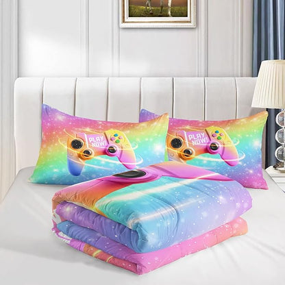 Datura home Bedding Comforter Set Rainbow Gamepad Printed Pattern Quilt with 1 and 2 Pillowcases for Girls Bedroom All Season(Rainbow Queen) Queen 90x90inches