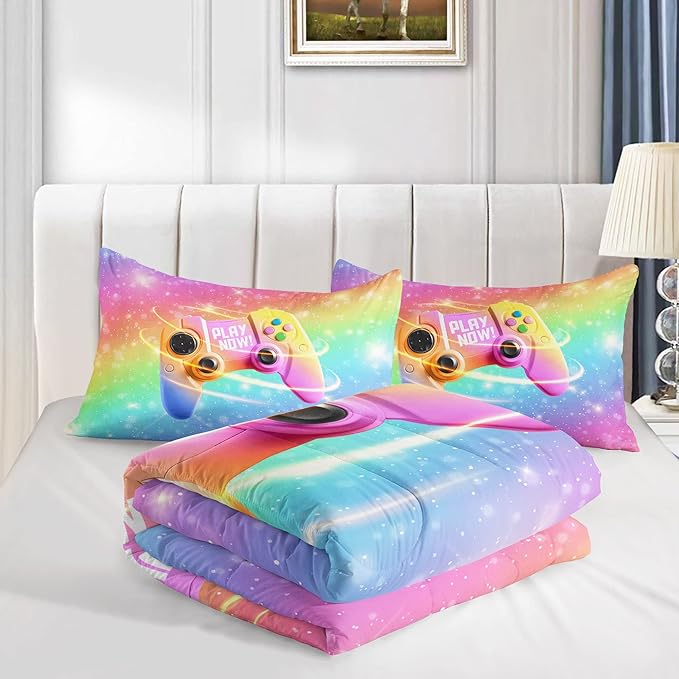 Datura home Bedding Comforter Set Rainbow Gamepad Printed Pattern Quilt with 1 and 2 Pillowcases for Girls Bedroom All Season(Rainbow Full) Full 80x90inches