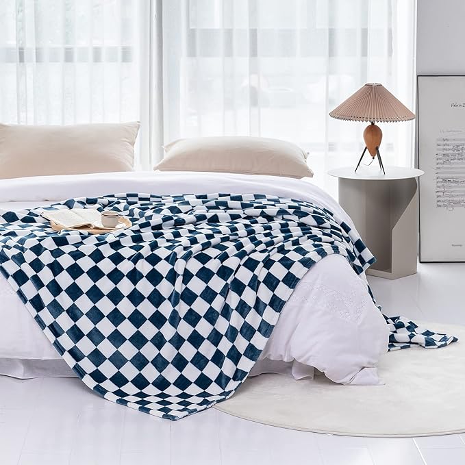 LOMAO Throw Blankets Flannel Blanket with Checkerboard Grid Pattern Soft Throw Blanket for Couch, Bed, Sofa Luxurious Warm and Cozy for All Seasons (Navy, 50"x60")