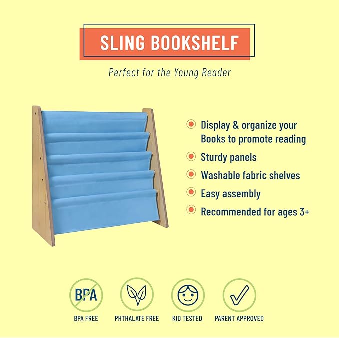 Wildkin Kids Canvas Sling Bookshelf for Boys and Girls, Wooden Design Features Four Fabric Shelves, Keep Bedrooms, Playrooms, and Classrooms Organized, an Ideal Kids Bookshelf (Natural w/Sky Blue)