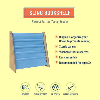 Wildkin Kids Canvas Sling Bookshelf for Boys and Girls, Wooden Design Features Four Fabric Shelves, Keep Bedrooms, Playrooms, and Classrooms Organized, an Ideal Kids Bookshelf (Natural w/Sky Blue)