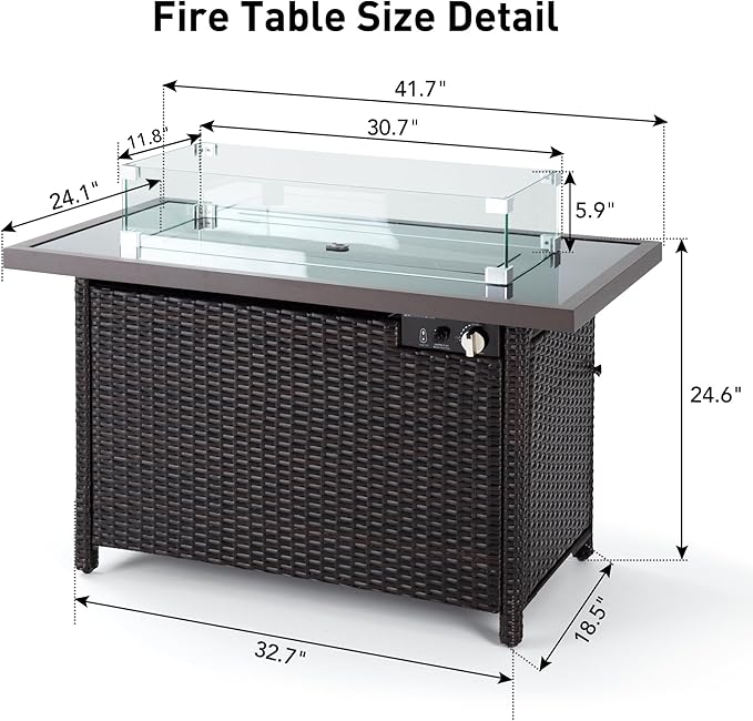 Pamapic 8 Pieces Patio Furniture Set Conversation Sofa with 42 Inch 50,000 BTU Auto-Ignition Outdoor Fire with Glass Wind Guard, Wicker Sofa (Black Wicker, Beige Cushions)