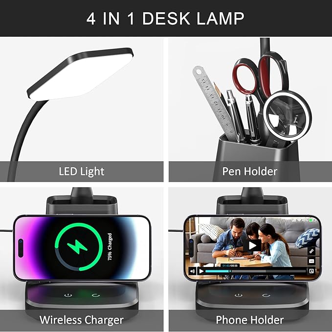 Desk Lamp with Wireless Charger, LED Desk Lamps for Home Office, 800 Lumens, Small Desk Lamp with Pen Holder, Flexible Arm, 3 Modes, Dimming, Touch Lamp for College Dorm Room