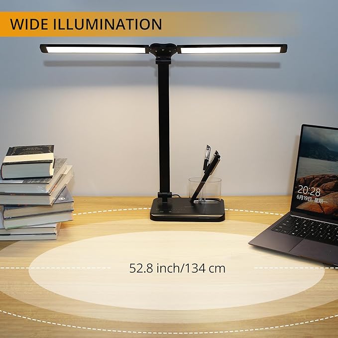 Qooltek Touch Control LED Desk Lamp, Table Lamp with 5 Color Modes Dimmable Brightness for Home Office, Dual Swing Arm USB Charging Port Desk Light, Eye-Caring Reading Light with Pen Holder, Black