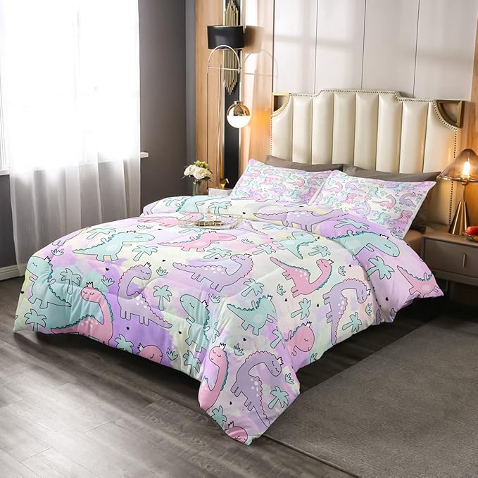 Erosebridal Dinosaur Comforter Set Twin Size, Kawaii Dinosaur Bedding Sets for Kids Girls Boys Gift Bedroom Decor, Cartoon Cute Animals Duvet Set,Palm Leaf Down Comforter, Green Purple Pink
