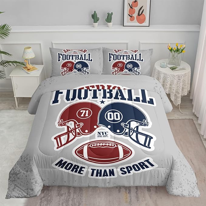 Datura home American Football Comforter Set Vintage Grey American Football Printed Quilt Bedding Set with 1 Comforter and 2 Pillowcases for Boys and Girls Bedroom All Season(Football Grey Full)