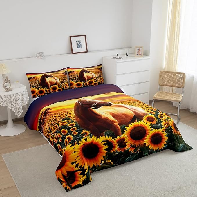 3D Horse Comforter Set for Kids Boys Wild Animal Down Comforter Girls Teen Adult Women Sunflower Quilted Duvet Brown Horse Bedding Comforters Cowboys Farmhouse Comforter with 2 Pillowcases, Full Size