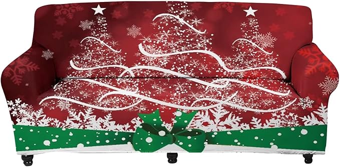 FKELYI Xmas Tree Snowflake Pattern Christmas Decor Stretch Sofa Slipcover Soft Comfort Cushion Cover Washable Furniture Protector-M