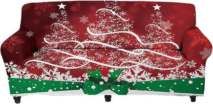 FKELYI Xmas Tree Snowflake Pattern Christmas Decor Stretch Sofa Slipcover Soft Comfort Cushion Cover Washable Furniture Protector-M