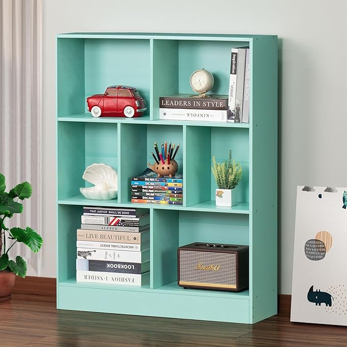 LEYAOYAO 7 Cube Bookshelf with Base,3 Tier Modern Mint-Green Kids Bookcase,Standing Wide Bookshelves Storage Organizer Toy Shelf,Wood Display Children's Book Shelves for Bedroom,Living Room,Nursery