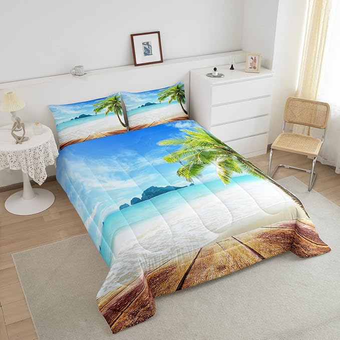 Beach Comforter Set Full Size Ocean Bedding Set Tropical Palm Tree Hawaii Ocean Duvet Set Sunny Beach Coastal Nature Theme Duvet Set Sea Wave Mountain Brown Wooden Comforter Set 2 Pillowcases, Blue