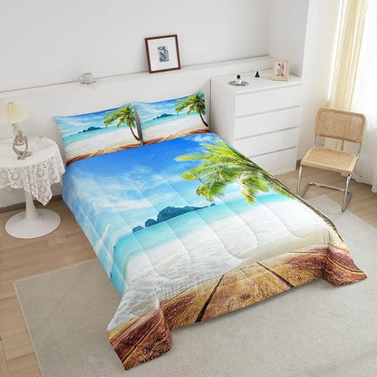 Beach Comforter Set Queen Size Ocean Bedding Set Tropical Palm Tree Hawaii Ocean Duvet Set Sunny Beach Coastal Nature Theme Duvet Set Sea Wave Mountain Brown Wooden Comforter Set 2 Pillowcases, Blue