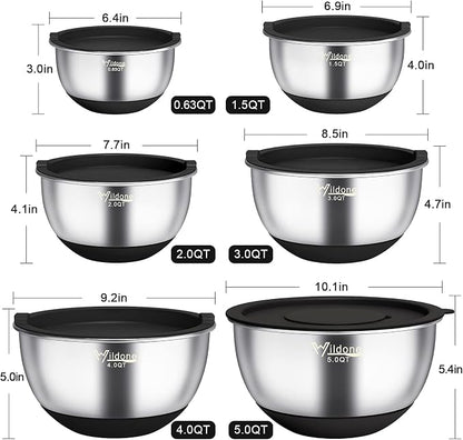 Wildone Mixing Bowls with Airtight Lids, Stainless Steel Mixing Bowls Set | Metal Bowls with 3 Grater Attachments & Non-Slip Bottoms, Size 5, 4, 3, 2,1.5, 0.63QT, Includes Utensil Set for Prep, Black