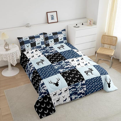 Cute Deer Comforter Set Full, Military Camo Bedding Set for Kids Boys Teens Bedroom Tribal Animal Antlers Silhouette Quilted Comforter Checkered Plaid Arrows Bedding Comforters, Army Blue and White