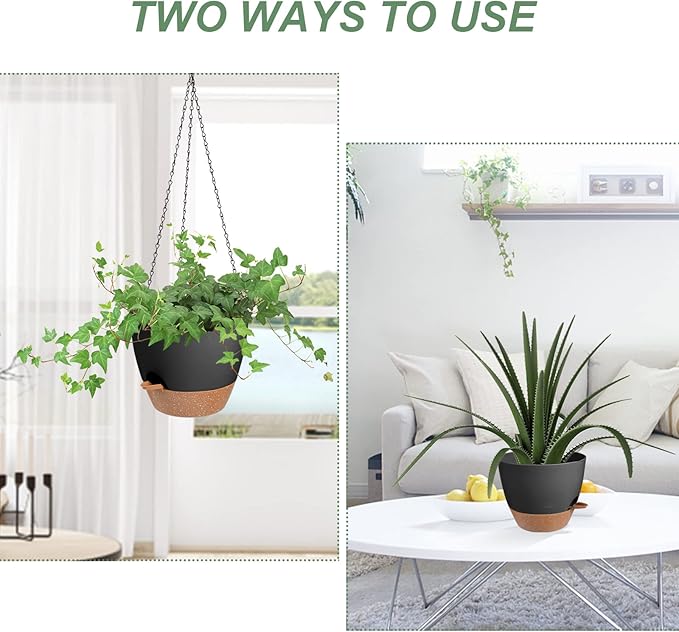 Hanging Planters for Indoor Outdoor Plants, 2 Pack Self Watering Hanging Pot with Drainage Holes & Removable Tray (Black, 8'')