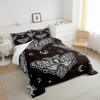 Boys Boho Moth Comforter Set Full Size Men Gothic Skull Bedding Set for Girls Women Bedroom Decor Bohemian Moon Star Comforter Personalized Moth Skull Skeleton Bones Duvet Set Teens Quilt Set