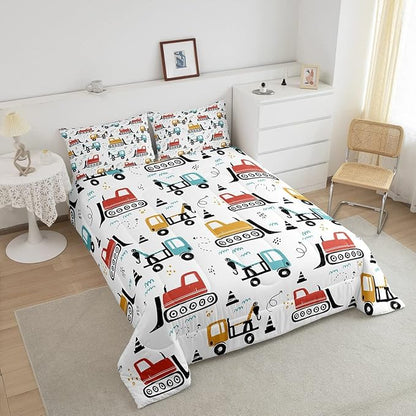 Boys Cartoon Car Comforter Set, Kids Construction Vehicles Comforter for Kids Cartoon Truck Bedding Set Cute Cars Teal Red Yellow Quilt Collection 3Pcs Queen Size Boys