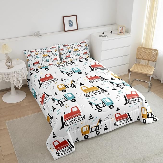 Boys Cartoon Car Comforter Set, Kids Construction Vehicles Comforter for Kids Children Cartoon Truck Bedding Set Cute Cars Teal Red Yellow Quilt Set Bedroom Collection 3Pcs King Size